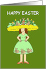 Lady in Easter Bonnet and Bunny Dress Cartoon Humor card