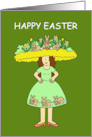 Lady in Easter Bonnet and Bunny Dress Cartoon Humor card