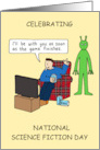 Science Fiction Day January 2nd Cartoon Man & Alien Watching TV card