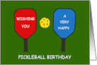 Happy Birthday Pickleball Sports Cartoon Paddles and a Wiffle Ball card