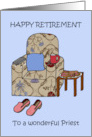 Happy Retirement Priest Cartoon Armchair with Plate of Bacon card