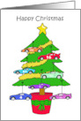 Happy Christmas Cartoon Tree with Stock Car Decorations card