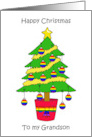 Happy Christmas to Gay Grandson Cartoon Tree with Rainbow Baubles card