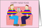 Happy New Year Fun Cartoon Gay Male Couple Drinking Champagne card