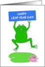 Happy Leap Year Day Cartoon Frog with a Banner on a Lily Pad card