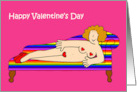 Lesbian Valentine Funny Cartoon Lady Wearing Hearts on Chaise Longue card