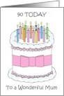 90 Today Wonderful Mum Happy Birthday Cartoon Cake and Candles card