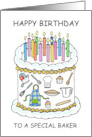 Baker Happy Birthday Cartoon Decorated Cake and Candles card