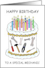Happy Birthday to Mechanic Cartoon Cake and Candles card