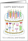 Happy Birthday to Bartender Mixologist Cartoon Cake and Cocktails card
