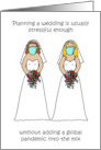 Covid 19 Lesbian Wedding Stress Cartoon Brides in Face Masks card