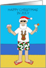 Christmas in July Santa on the Beach in Shorts and Flip Flops Cartoon card