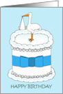 Happy Birthday to New Dad Cartoon Stork and Baby on a Cake card