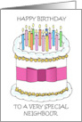 Happy Birthday to Neighbour Cake and Candles English Spelling card