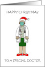 Happy Christmas Covid 19 Female Doctor in a Face Mask Cartoon card