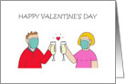 Happy Valentine’s Day Cartoon Couple in Facemasks card