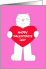 Palentine’s Day White Cartoon Cat Holding a Red Heart card