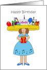 Happy Birthday Cartoon Lady Wearing Party Hat and Fabulous Dress card