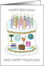 Happy Birthday to Traveler Cake Candles and Travel Icon Decorations card