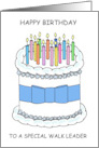 Happy Birthday to Walk Leader Cartoon Cake and Lit Candles card