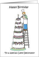 Happy Birthday to Cake Decorator Cartoon Chef on a Ladder card