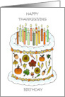 Happy Thanksgiving Birthday Autumnal Decorated Cake and Lit Candles card