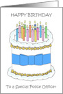 Happy Birthday Police Officer Cartoon Cake and Lit Candles card
