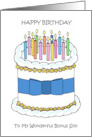 Happy Birthday to Bonus Son Cake and Lit Candles card
