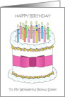 Happy Birthday to Bonus Sister Cake and Lit Candles card