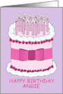 Happy Birthday Angie PInk and White Cake and Lit Candles card