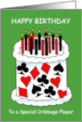 Happy Birthday to Cribbage Player Playing Card Suits Cake and Candles card