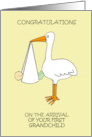 Congratulations Arrival of First Grandchild Cartoon Stork and Baby card