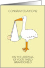 Congratulations Arrival of Third Grandchild Cartoon Stork and Baby card