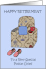 Happy Retirement to Police Chief Cartoon Armchair Slippers and Remote card