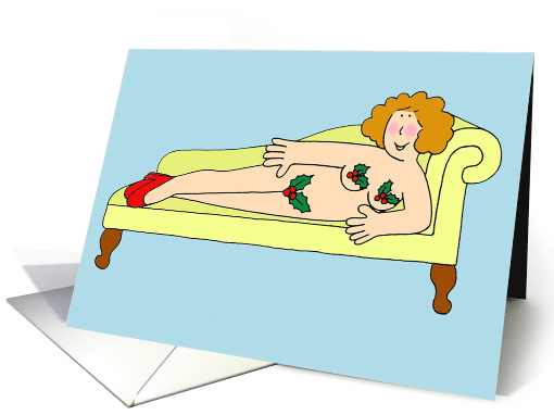 Burlesque Sexy Cartoon Christmas Lady Wearing Only Holly & Shoes card