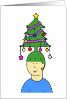 Funky Cartoon Christmas Hair Styled on a Lady’s Head as a Xmas Tree card