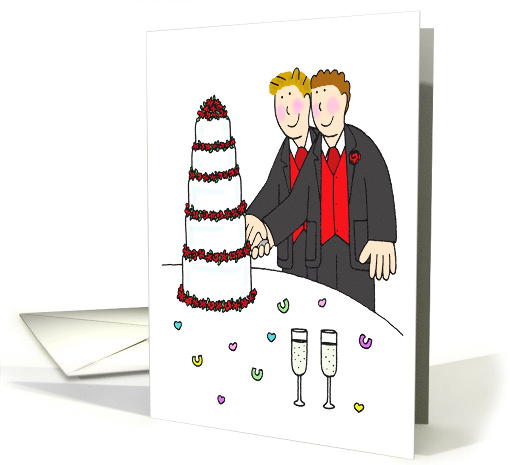 Two Cartoon Grooms in Red Waistcoats and Suits Cutting a Cake card