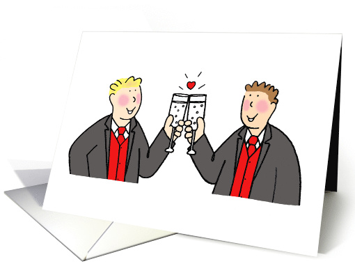 Two Cartoon Grooms in Formal Suits Sharing Champagne Toast. card