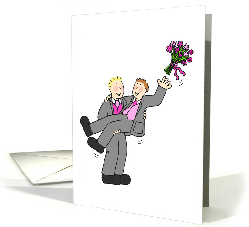 Two Cartoon Grooms in Formal Suits Throwing Bouquet in the Air card