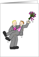 Two Cartoon Grooms in Formal Suits Throwing Bouquet in the Air card