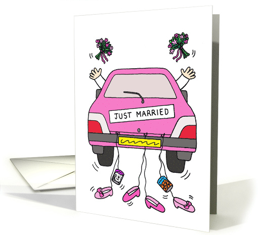 Just Married Lesbian Wedding Cartoon Pink Car with Two Brides card