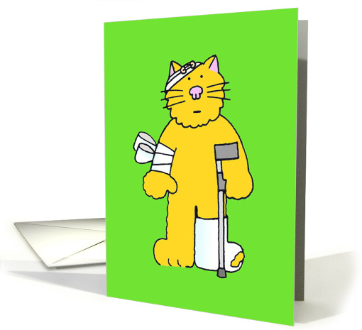 Ginger Cat Bandaged with Cast And Crutch Get Well Soon card (1004877)