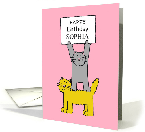 Happy Birthday Sophia Cartoon Cats Holding a Banner card (1012913)