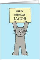 Happy Birthday Jacob Cartoon Grey Cat Name Specific card