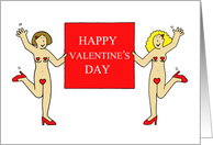 Valentine Burlesque Ladies Wearing Red Hearts and Shoes Cartoon Fun card