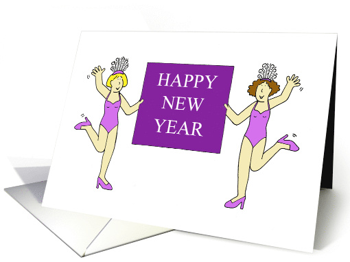 Happy New Year Burlesque Ladies Holding a Banner Cartoon card