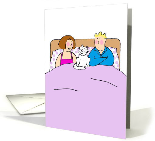 New Pet Cat Congratulations Cartoon Couple in Bed with White Cat card
