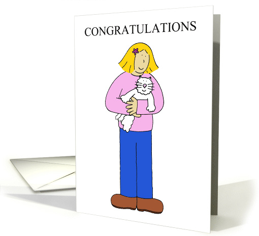 New Kitten Cat Pet Congratulations Cartoon Lady with White Cat card