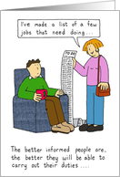 Relationship Humor Cartoon a Woman Giving a Man a List of Chores card