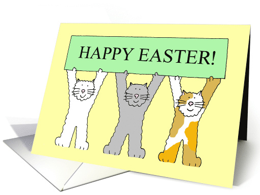 Happy Easter Cute Cartoon Cats Holding Up a Banner Humor card